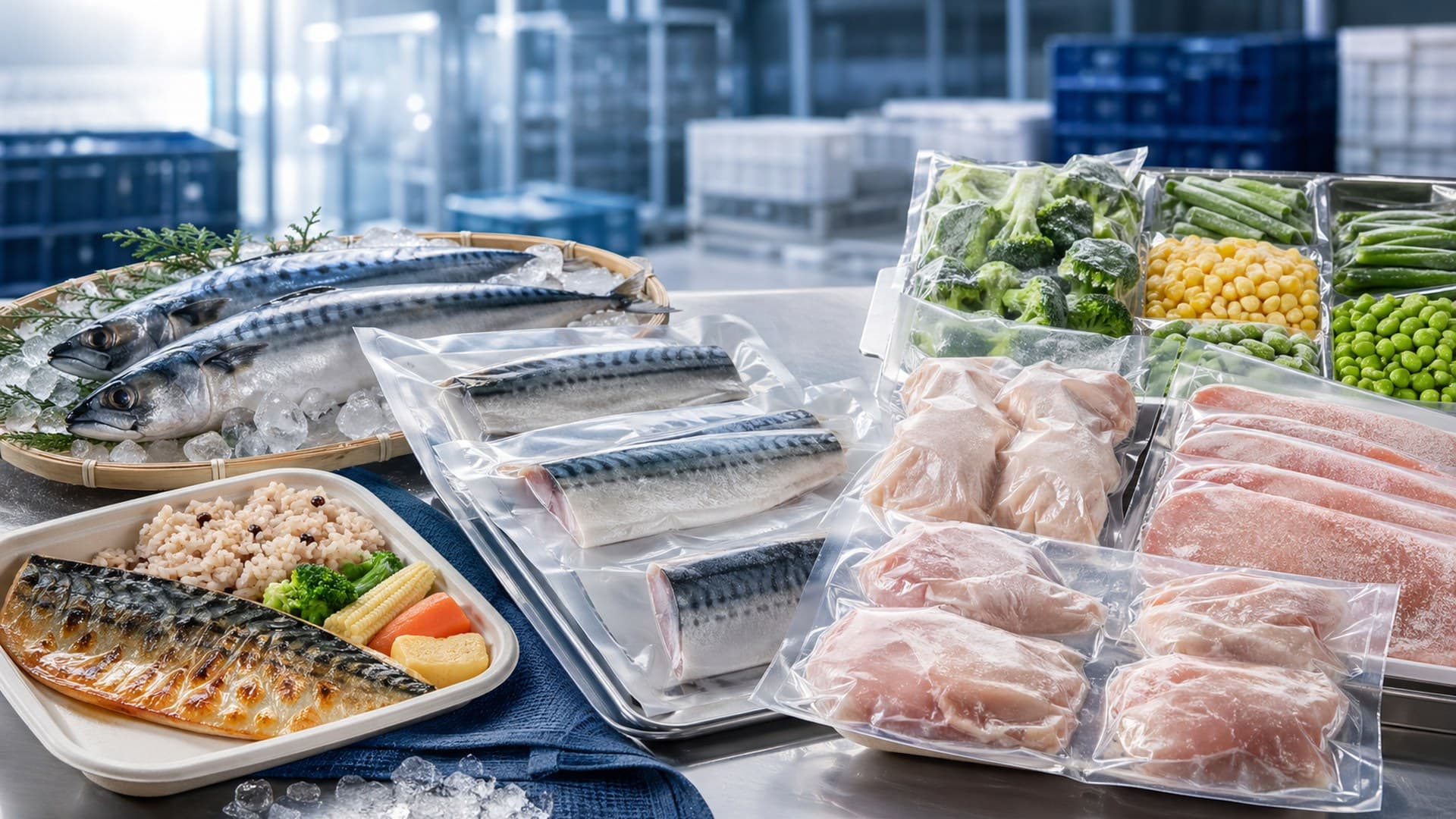 挪威鯖魚、魚貨、雞豬肉與冷凍蔬菜的 B2B 食材供應形象