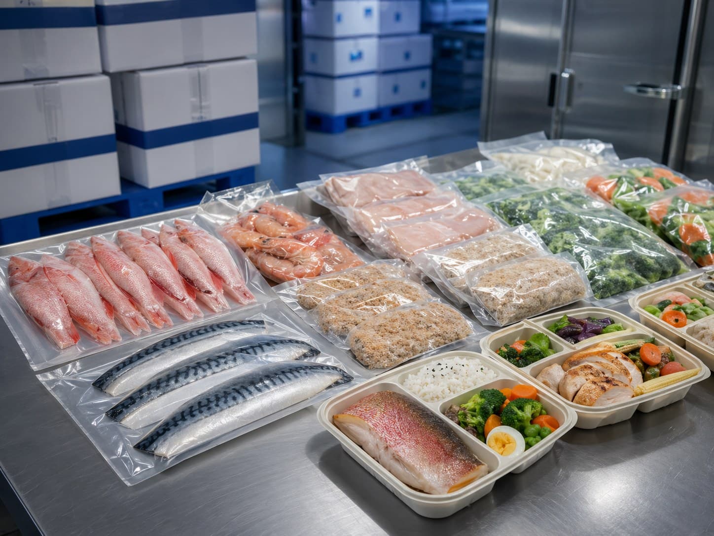 988 廚房挪威鯖魚、魚貨、肉品與冷凍蔬菜商品陳列