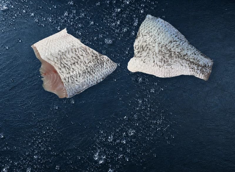 薄鹽鱸魚切塊清肉雙切塊魚皮面商品實拍與石板碎冰情境